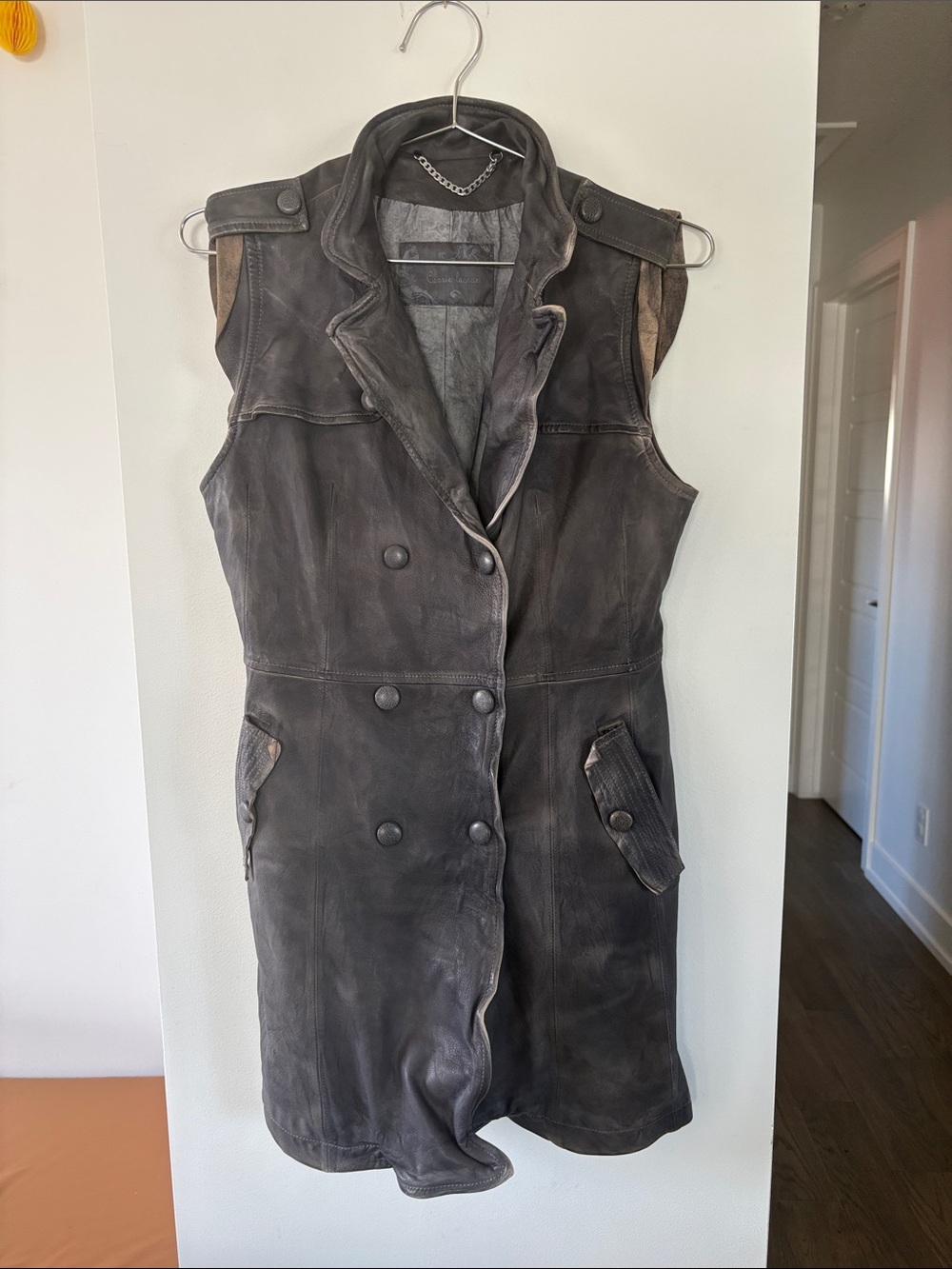 Sleeveless Double-Breasted Leather Vest Coat in Charcoal